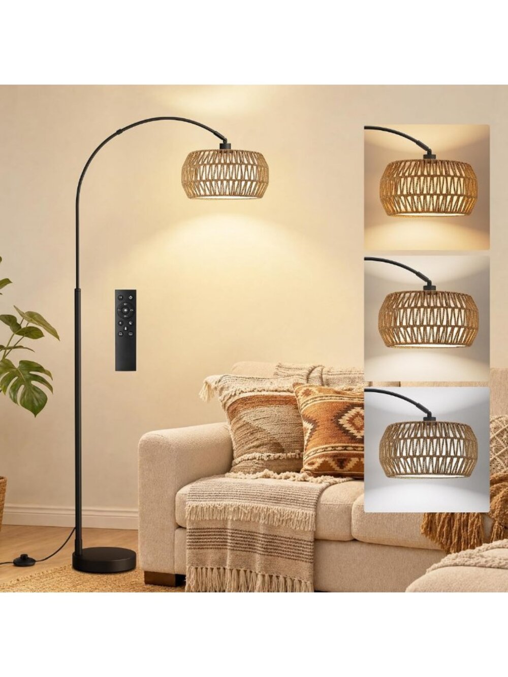 Adjustable Boho Arc Floor Lamp with Custom Color Temperatures & Brightness